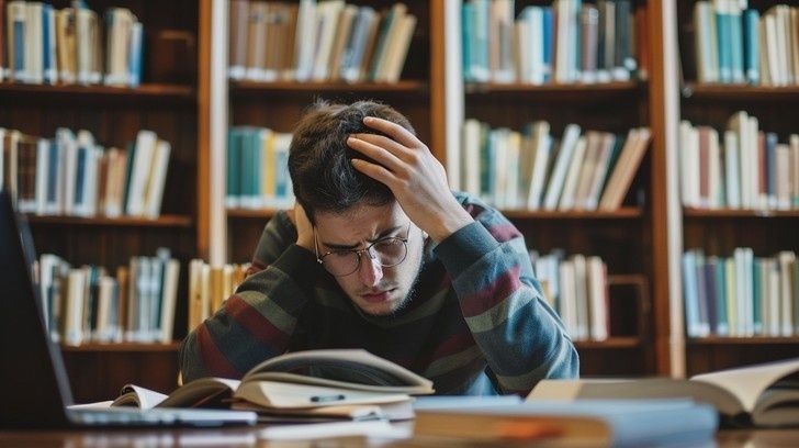 Stressad student med glasögon studerar bland böcker på biblioteket